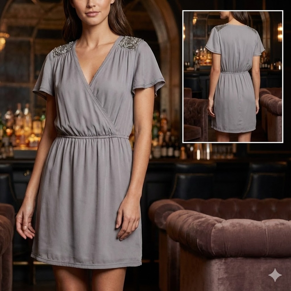 Banana Republic Dress Womens Medium Gray Beaded V-Neck Wrap Flutter Sleeve NWT